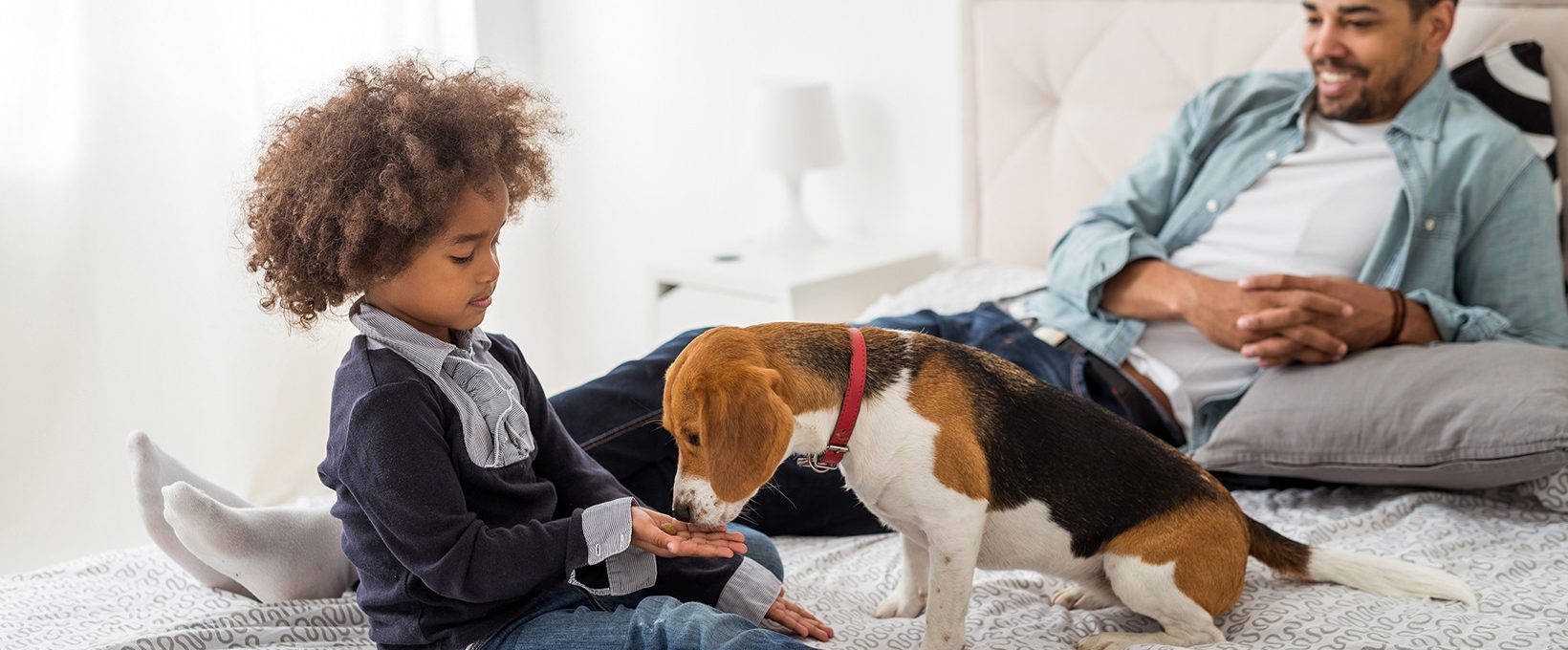 a man and a child sitting on a bed with a dog at The Falltree Apartments